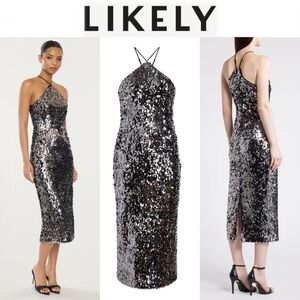 Likely ORIANA DRESS Black Silver Halter Sequin Midi Dress Sz 2 NWT 348$